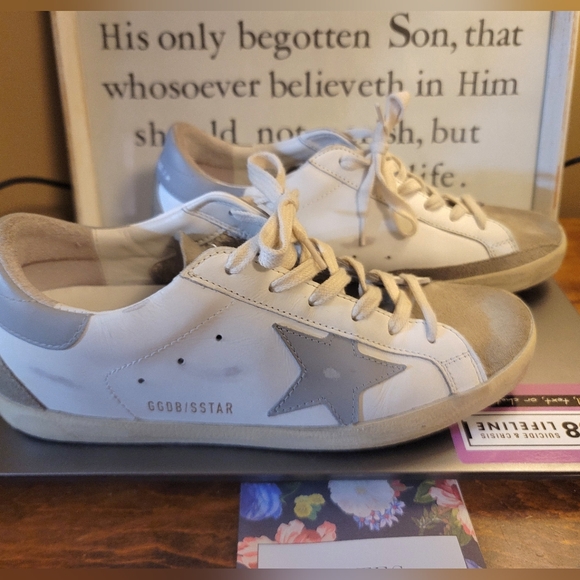 Golden Goose Superstars Size 39 Mixed Leather Neutral Grayish Suede Blue Star - Picture 3 of 8